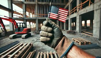 Labor day concept. construction worker's gloved hand holding a small American flag photo