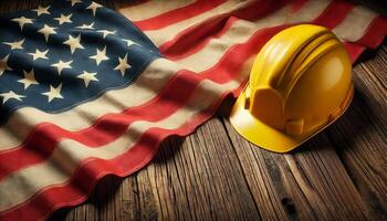 Labor day concept. american flag and yellow work helmet on wooden background with empty space for adding text photo