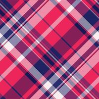 Scratch texture plaid textile, tablecloth check background . Tie tartan fabric pattern seamless in blue and red colors. vector