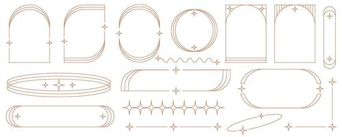 Aesthetic frame shape. Outline minimal graphic elements with stars. Abstract boho arches with sparkles. Trendy geometric templates set for poster and story. vector