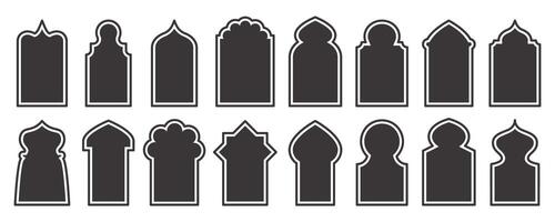 Ramadan frame shapes set. Door and windows arch with Islamic design. Muslin oriental gate. Indian vintage arcs with traditional ornament. Architecture elements and stickers vector