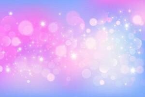 Rainbow unicorn background. Pastel glitter pink fantasy galaxy. Magic mermaid sky with bokeh. Holographic kawaii abstract space with stars and sparkles. vector