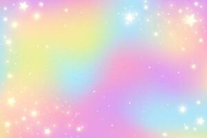 Rainbow unicorn pastel background with glitter stars. Pink fantasy sky. Holographic space with bokeh. Fairy iridescent gradient backdrop. vector