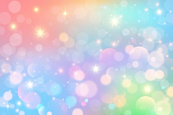 Rainbow unicorn background. Pastel sky with glitter and stars. Colored magic galaxy. Cute purple space with fairy sparkles and bokeh. Gradient space illustration.