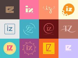 IZ logo company template. Letter i and z logotype. Set different classic serif lettering and modern bold text with design elements. Initial font typography. vector