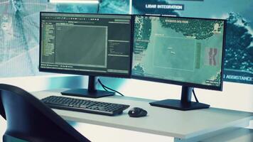 Government anti terrorism control center equipped with a big display and radar surveillance on satellite cctv system used for national reconnaissance. Empty military command space. video