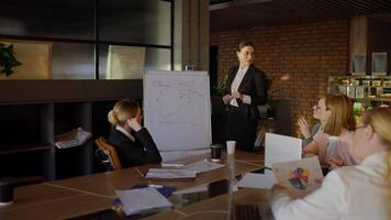 A young woman with brown hair wearing round glasses and a professional attire is pitching her idea at a stand during an office meeting video