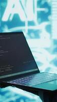 Vertical Technician uses laptop and AI neural networks modeled after human brain to solve complex problems. Close up of worker using deep learning to look at data and complete tasks, camera A video