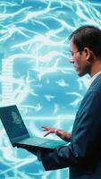 Vertical Computer scientist solving tasks on laptop, running artificial intelligence programming scripts. Engineer manipulating lines of code for AI applications development, camera A video