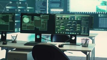 Empty governmental cyber security room with computers and software displays. Emphasis on network security, cyber defense, and intelligence gathering to prevent cyber attacks and espionage. Camera A. video