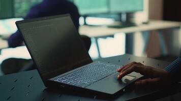 Governmental hackers at work monitoring cyber threats in high tech agency, implementing cybersecurity measures. IT expert focuses the importance of online privacy and malware protection. Camera A. video