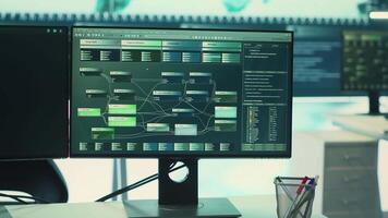 Cyber security monitoring room with high tech equipment. Governmental focus on cyber operations, cyber surveillance, and digital threats protection in an empty command workspace. Camera A. video