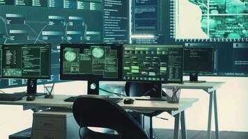 Advanced cyber surveillance room with no personnel present. Governmental agency ensuring national security through cyber security monitoring, data protection and malware detection. Camera A. video