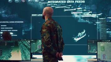 Lieutenant general coordinating his army troops for a complex military operations, ensuring every unit is synchronized and informed about a new national safety mission. Command center. Camera A. video