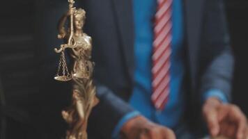 Judge gavel with Justice lawyers having team meeting at law firm background. Concepts of Law and Legal services. video