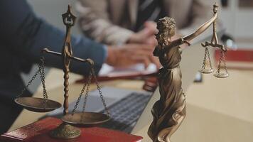 Judge gavel with Justice lawyers having team meeting at law firm background. Concepts of Law and Legal services. video