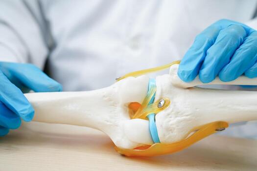 Knee osteoarthritis, Doctor showing model knee joint orthopedic. photo