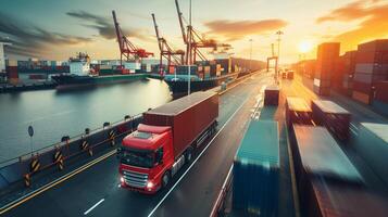 Logistics, container Cargo ship transportation with working crane bridge in deep sea port for import export. photo