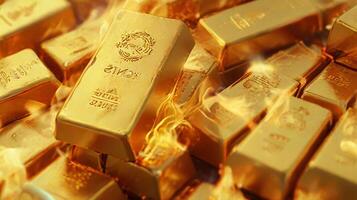 Gold bars and fire, reflecting hot gold price increase in market concept, on the rich golden reflect light background, Gold is hard commodity good, risk asset, tangible value photo