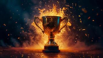 Champion golden trophy cup, surrounded by a festive explosion of colorful celebration confetti and sparkling glitter, symbolizing victory and success in a competition photo