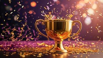 Champion golden trophy cup, surrounded by a festive explosion of colorful celebration confetti and sparkling glitter, symbolizing victory and success in a competition photo