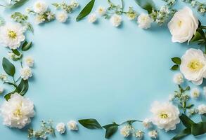 White flowers frame in soft pastel blue background. Top view. Copy space with space for text, Spring background. photo