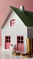 money coins stacks by a model mini house on the table household saving money for buying a house, financial concept ideas for saving money and loan concept photo