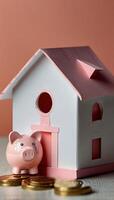 money coins stacks by a model mini house on the table household saving money for buying a house, financial concept ideas for saving money and loan concept photo