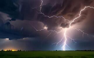 Lightning thunderstorm flash over the dark sky, Concept on topic weather, cataclysms, hurricane, Typhoon, tornado, storm multimedia content photo