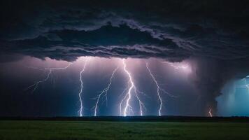 Lightning thunderstorm flash over the dark sky, Concept on topic weather, cataclysms, hurricane, Typhoon, tornado, storm multimedia content photo