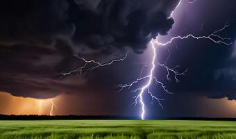 Lightning thunderstorm flash over the dark sky, Concept on topic weather, cataclysms, hurricane, Typhoon, tornado, storm multimedia content photo