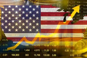 US America flag with stock market finance, economy trend graph digital technology. photo