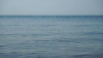 Abstract calm sea summer ocean sunset nature background. Small waves on water surface in motion blur with golden bokeh lights from sun. Holiday, vacation and recreational concept. Slow motion video