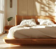 Modern bed with wooden frame and white bedding photo