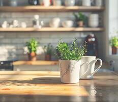 Close-up shot of a plant in a white mug with a floral design sitting on a wood countertop in a modern kitchen photo