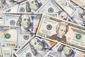 US Dollar bills. one hundred dollar bills background. Top view of business concept on background with copy space photo