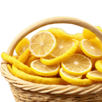 Dried lemon peel twists in a zesty wicker basket vibrant yellow with a textured surface png