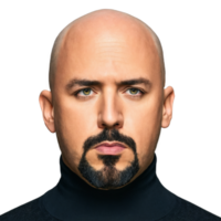 A bald man with a goatee an intense and focused expression and a black turtleneck png