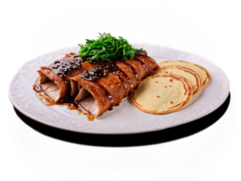 Peking Duck Succulent crispy skinned duck sliced and served with steamed pancakes fresh scallions png