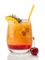 Jamaican Rum Punch with slice of orange slice of pineapple and cherry in hurricane glass png