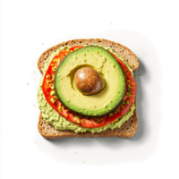 Avocado toast crisp bread topped with mashed avocado spinning and separating with red pepper flakes png