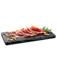 Jamon Iberico thinly sliced and artfully arranged on a slate board with a few almonds png
