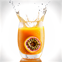 Passion fruit juice with seeds pulp and ice cubes in motion inside a glass with png