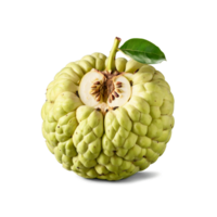 Custard apple round with a lumpy green exterior sliced to reveal its creamy white flesh png