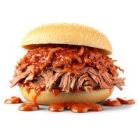 Pulled pork shredded meat pile tangy barbecue sauce dripping isolated on transparent background Food and png
