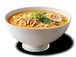 Laksa with spicy coconut milk soup rice noodles and protein on clean white surface png