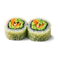 Quinoa sushi rolls colorful and tightly wrapped slicing apart with pickled ginger and wasabi on png