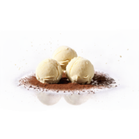 White chocolate truffles dusted with cocoa powder floating and spinning with a misty spray of png
