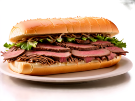 French Dip Thinly sliced roast beef piled high on hoagie roll served with side png