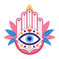 A colorful Hamsa hand design featuring an eye in the middle and symmetrical floral patterns on either side. png